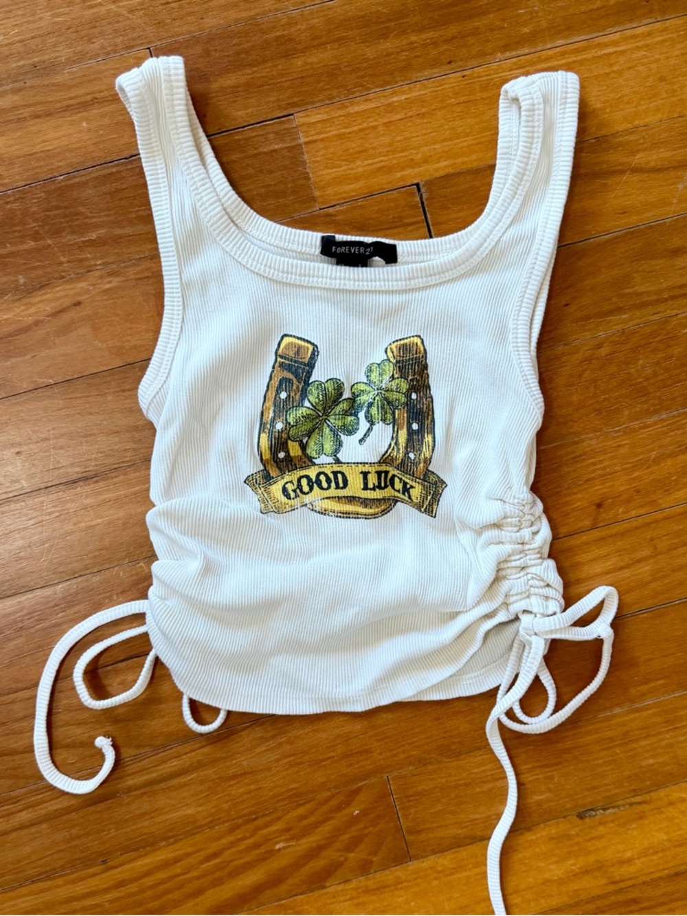 Forever 21 “Good Luck” Horseshoe Tank Top | S | White, Ribbed Crop